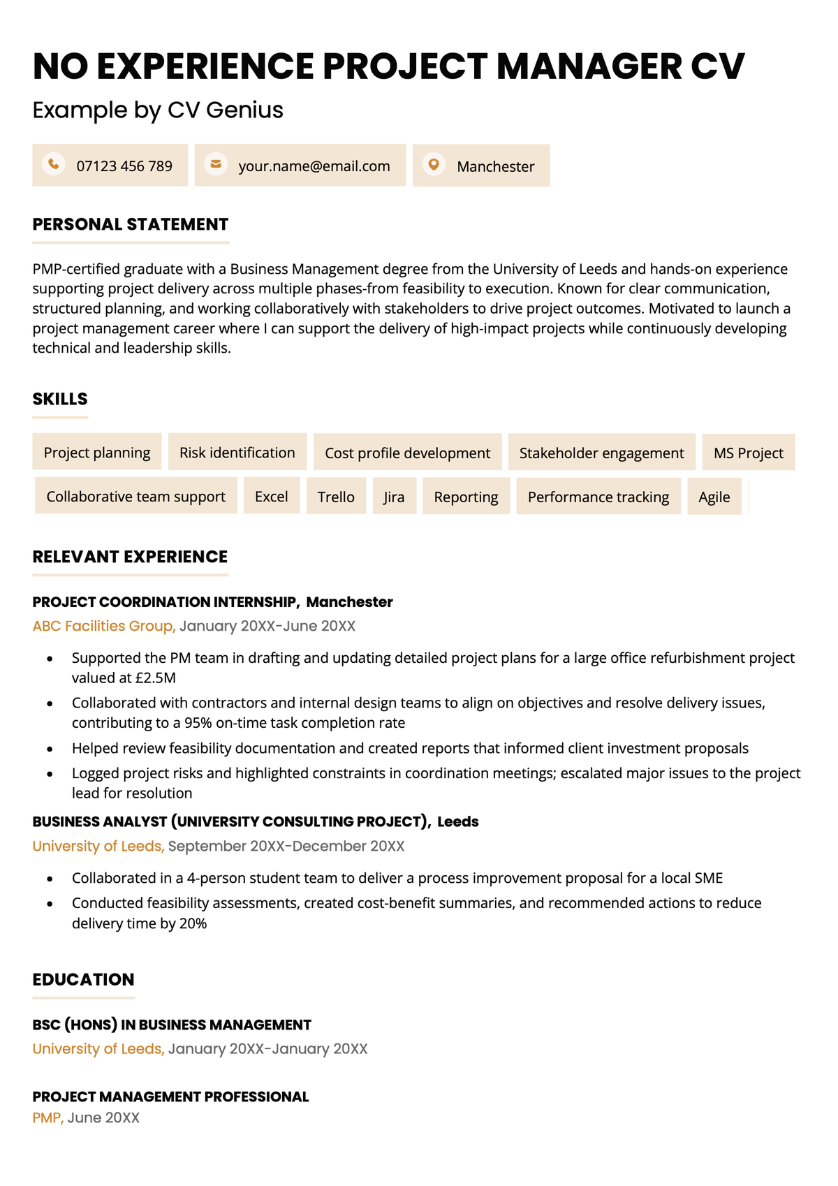 A no experience project manager CV example