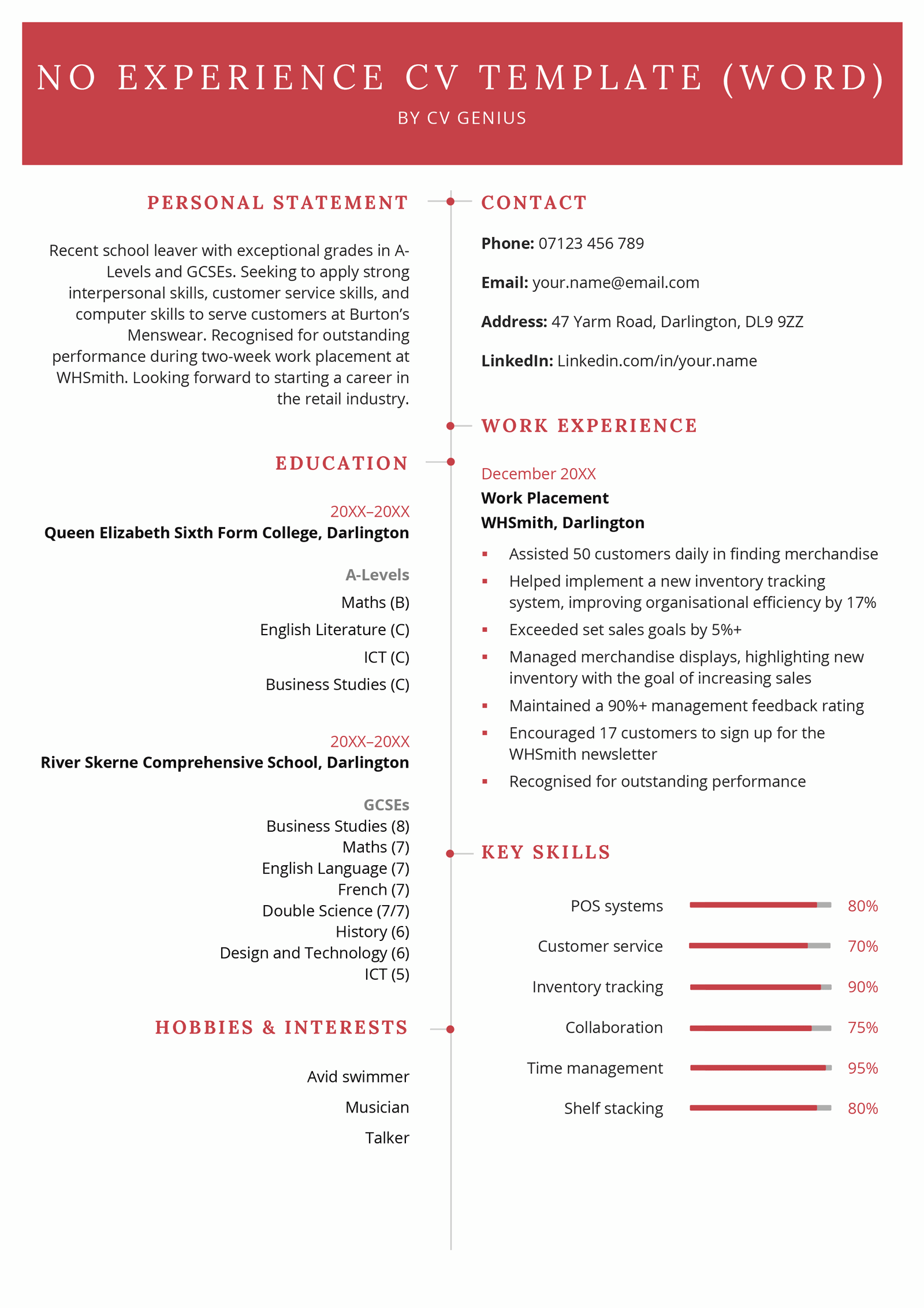 Word CV template for job seekers with no experience, featuring a bold header and modern two-column layout.