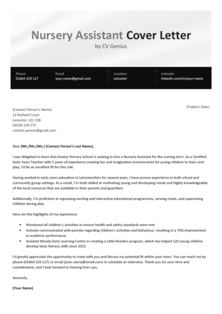 A nursery assistant cover letter example with a black header and a few paragraphs outlining the applicants skills and experience.