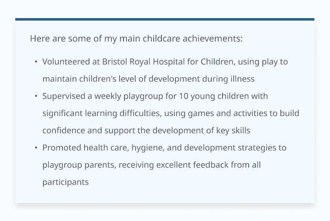 An example nursery assistant cover letter outlining some of the applicant's recent achievements.