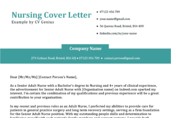 A nursing cover letter example on a template with a teal blue header for the applicant's name and company's contact information