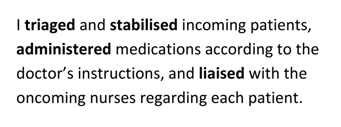 A descriptive bullet point statement from a nursing cover letter example describing a nurse applicant's daily duties using powerful action verbs