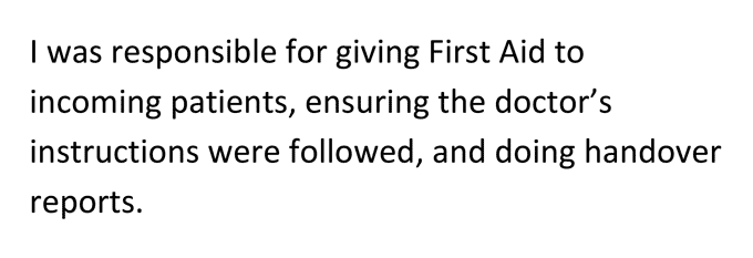 A bullet point statement from a nursing cover letter example describing a nurse applicant's daily duties without using action verbs