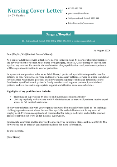 A nursing cover letter example on a template with a teal blue header for the applicant's name and company's contact information
