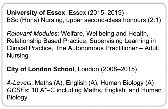 A nursing CV education section with bold and italic headers. It's written in black text on a white background.