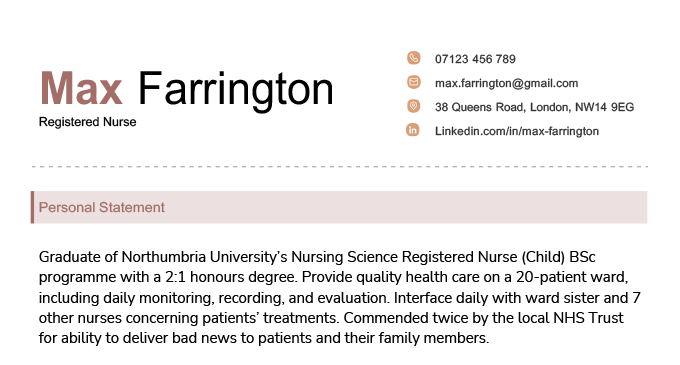 An example showing how to write a CV personal statement. A paragraph of text describing the applicants key qualifications is set underneath a red and black header with their name, job title, and contact information.