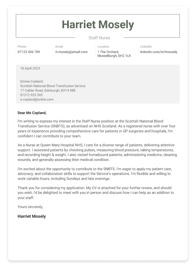 An application letter for a nursing job with the applicant's name framed in the header and the contact person's information set against a pale grey background. 