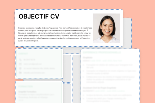 une illustration d'un CV avec photo où les rubriques de CV sont clairement séparées par sections et floutées pour mettre en valeur la rubrique Objectif CV