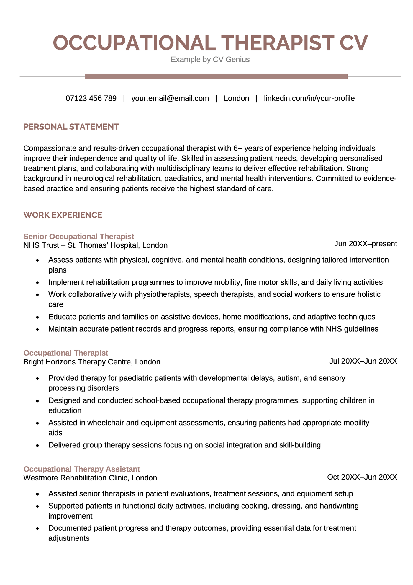 An occupational therapist CV template.