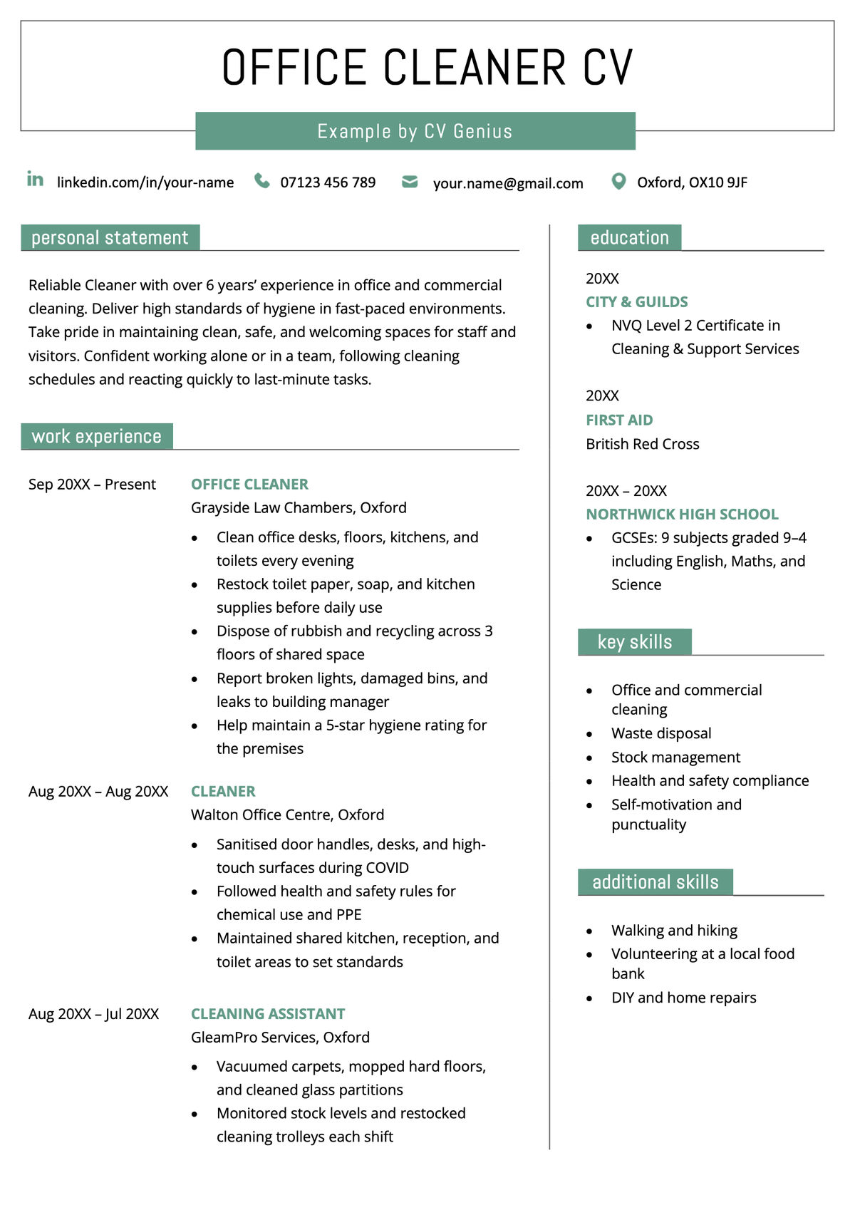 An office cleaner CV example