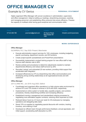 The first page of an office manager CV example with a blue header and sections for the applicant's personal statement, contact information, and work experience.