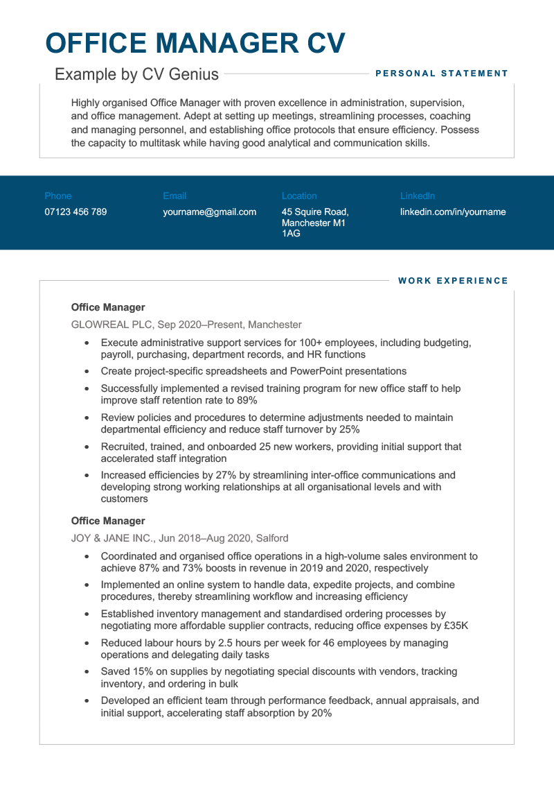 personal statement cv manager