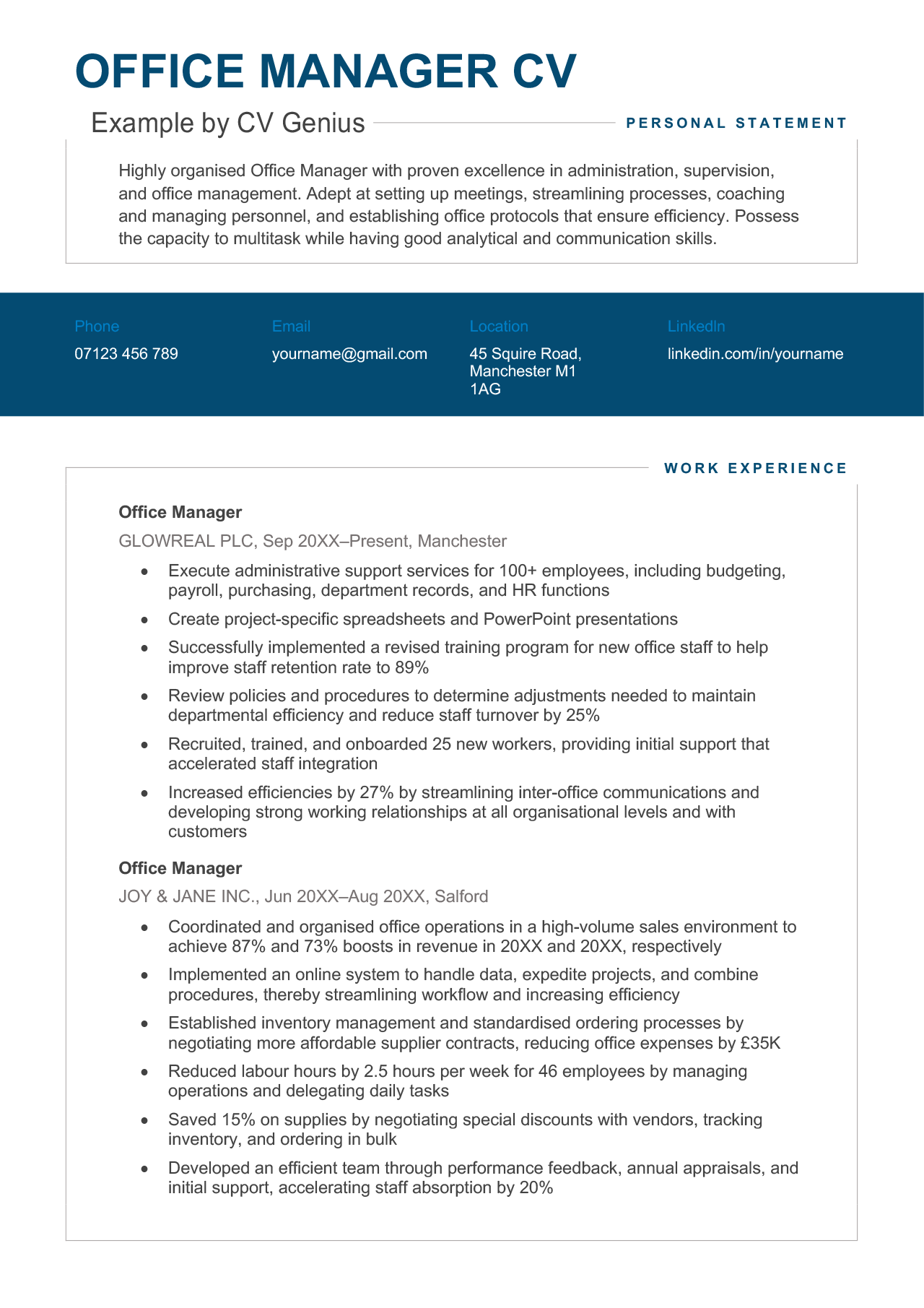 cv personal statement project manager