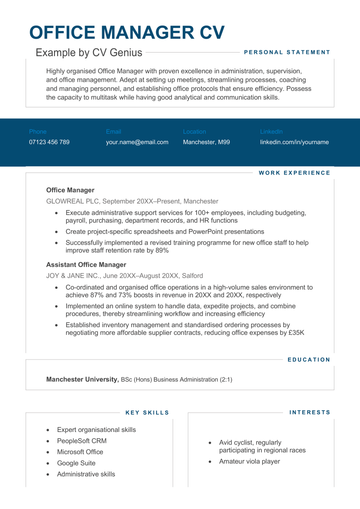 The first page of an office manager CV example with a blue header and sections for the applicant's personal statement, contact information, and work experience.