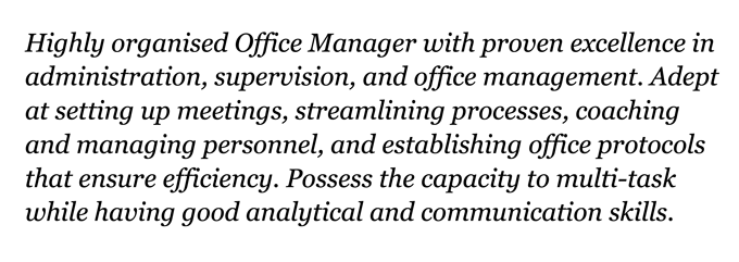 An office manager CV personal statement example with three sentences set in italic text.
