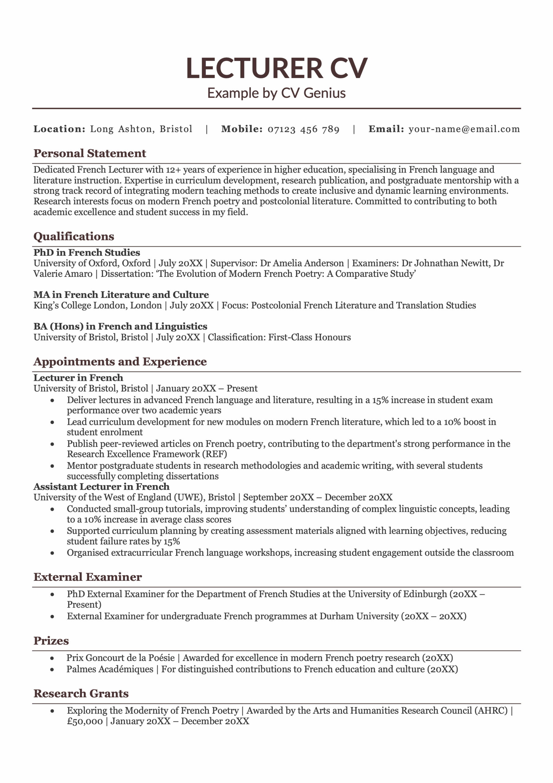 Lecturer CV: Free Example, Template, & Writing Tips