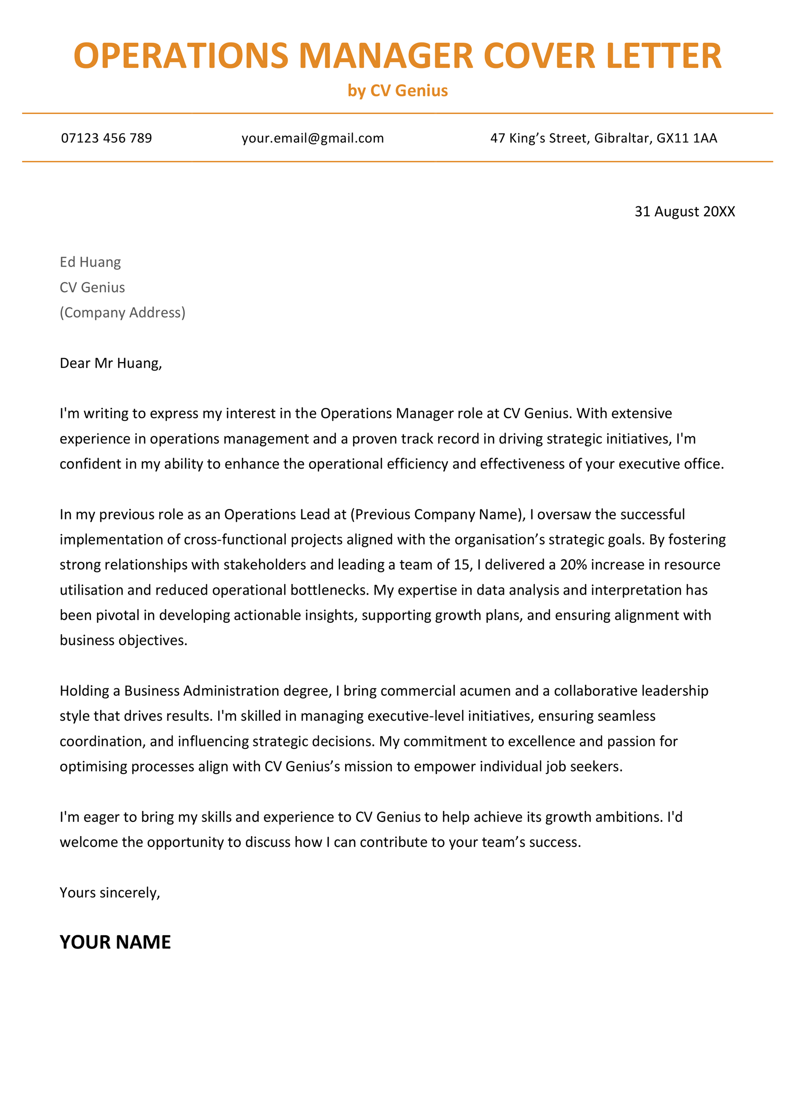 A operations manager cover letter example for UK job seekers.