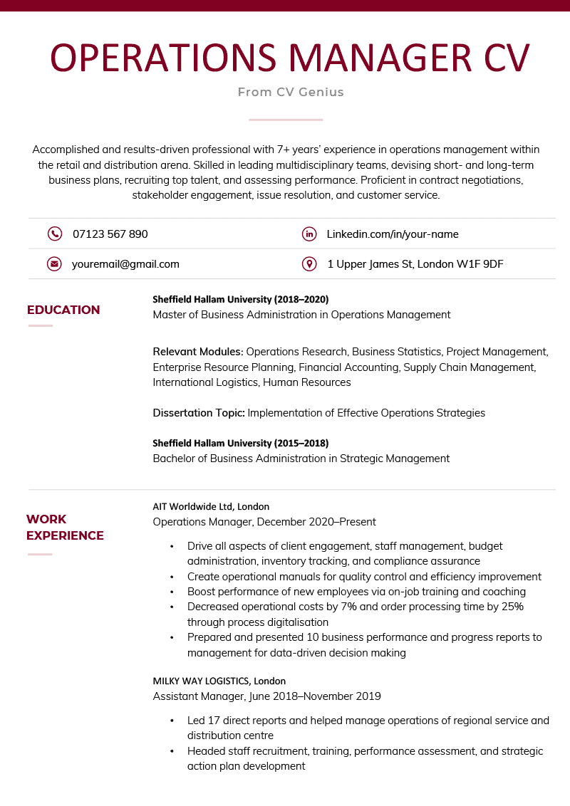 An operations manager CV example with a burgundy coloured heading to highlight the applicant's name as well as burgundy coloured icons placed beside the phone number, email, Linkedin, and address sections