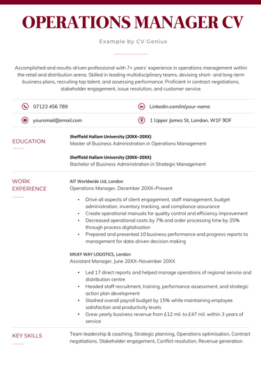 An operations manager CV example with a burgundy coloured heading to highlight the applicant's name as well as burgundy coloured icons placed beside the phone number, email, Linkedin, and address sections