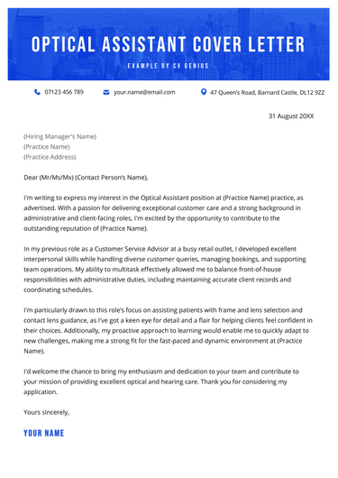 An optical assistant cover letter example for UK job seekers.