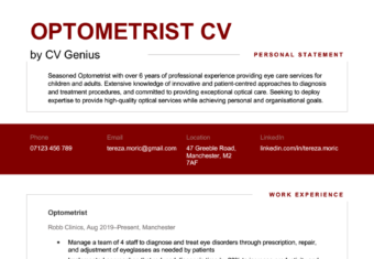 An optometrist CV example with marooon header and contact section as well as the applicant's title, personal statement, and work experience.