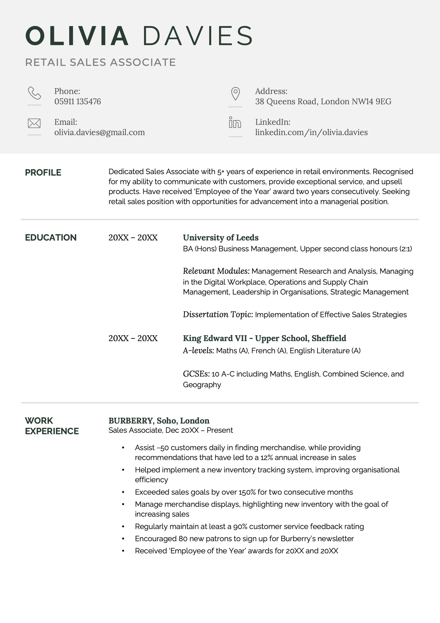 The first page of the Oxford modern CV template.