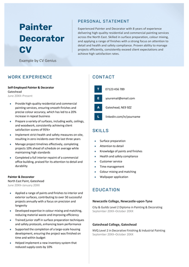 The first page of a painter and decorator CV example
