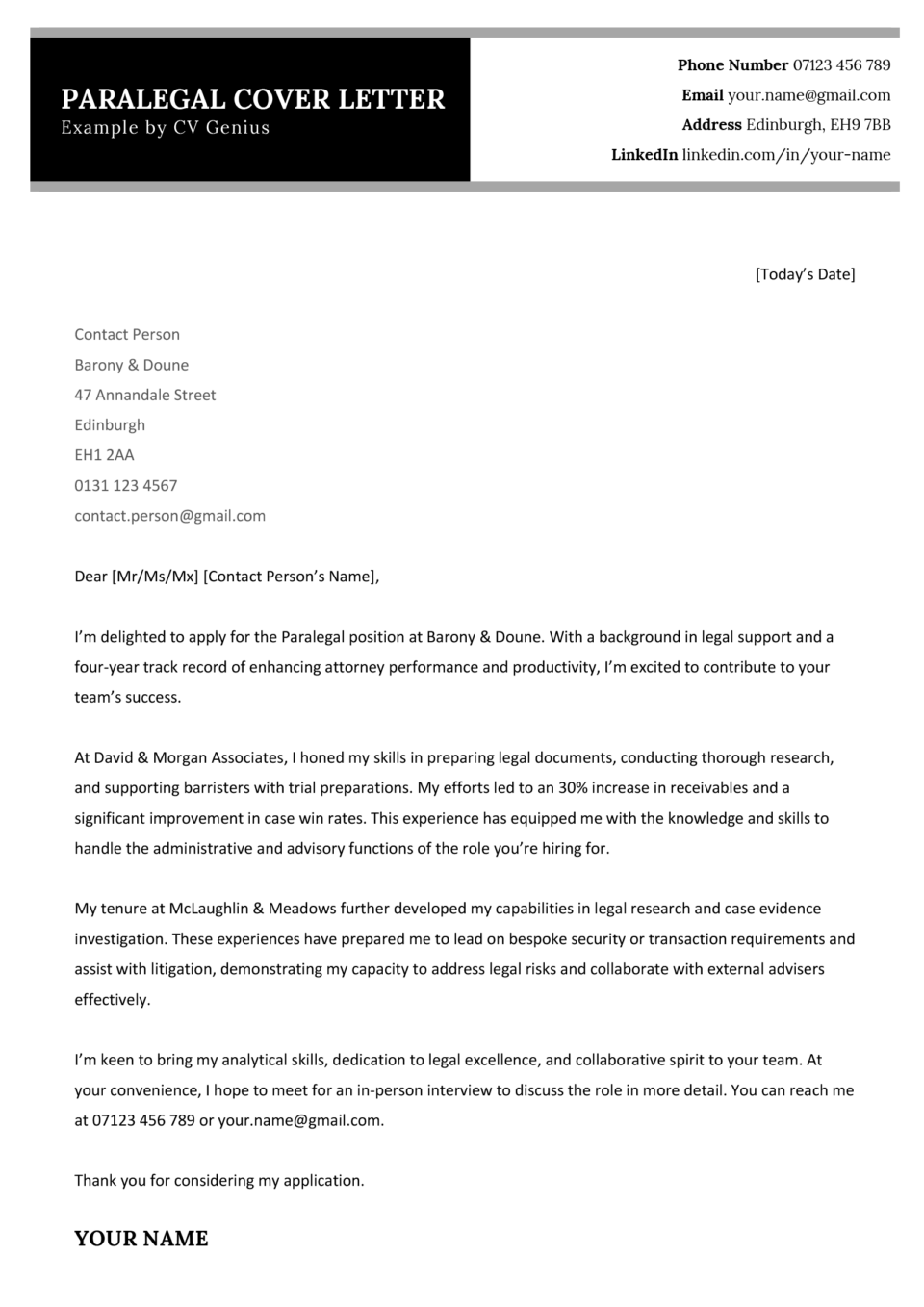 A black and white paralegal cover letter example with a black header and several paragraphs laying out the applicant's experience and skills.