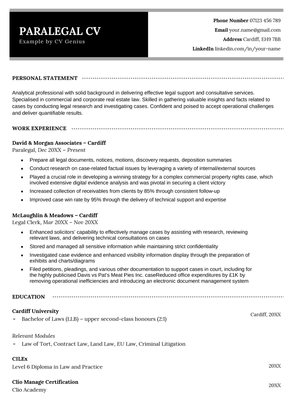The first page of a black and white paralegal CV, showing the applicant's contact information, personal statement, and legal experience.
