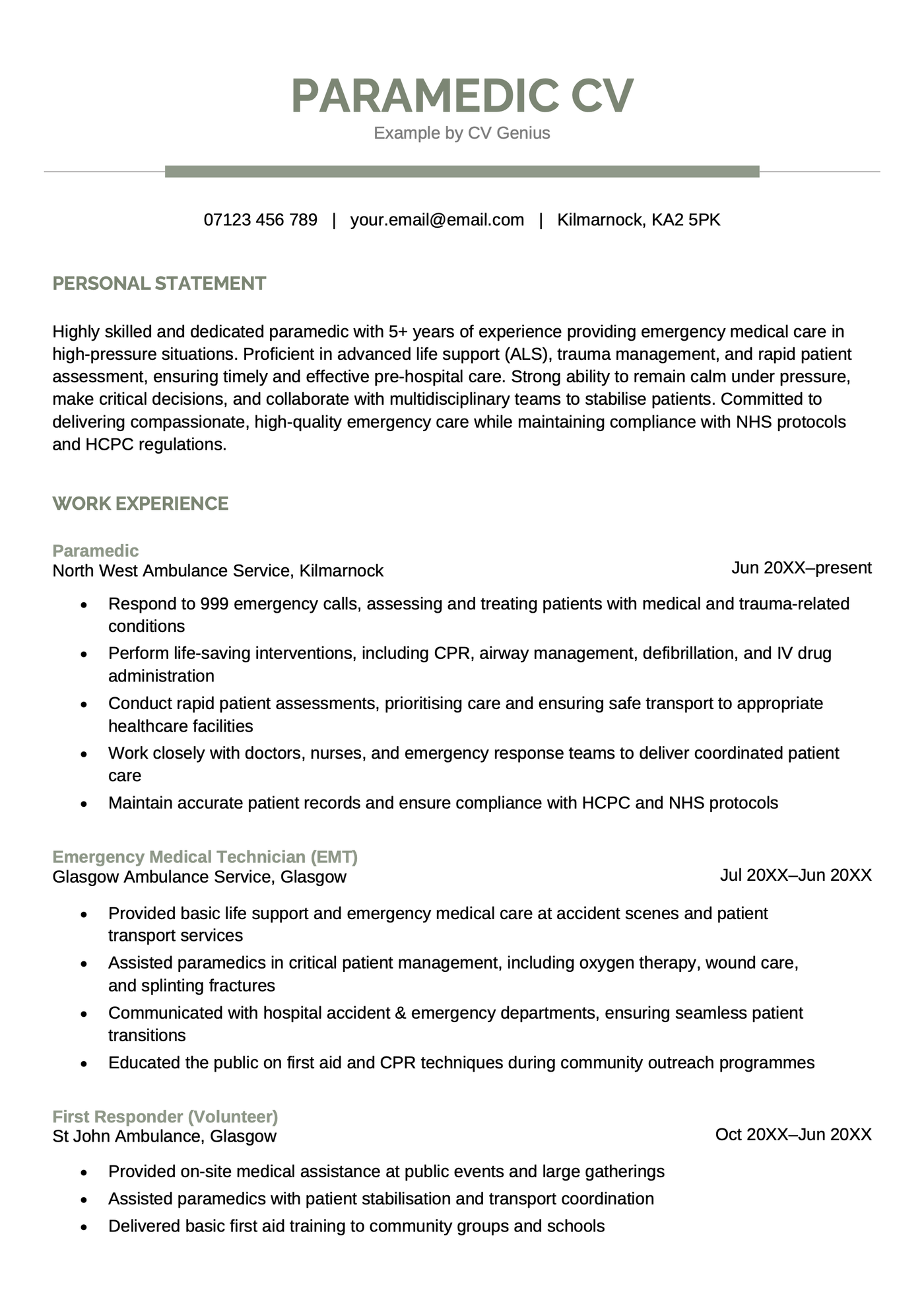 A paramedic CV template.