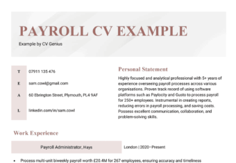 The first page of a maroon and gray payroll CV example with the applicant's contact information, personal statement, and three work experiences