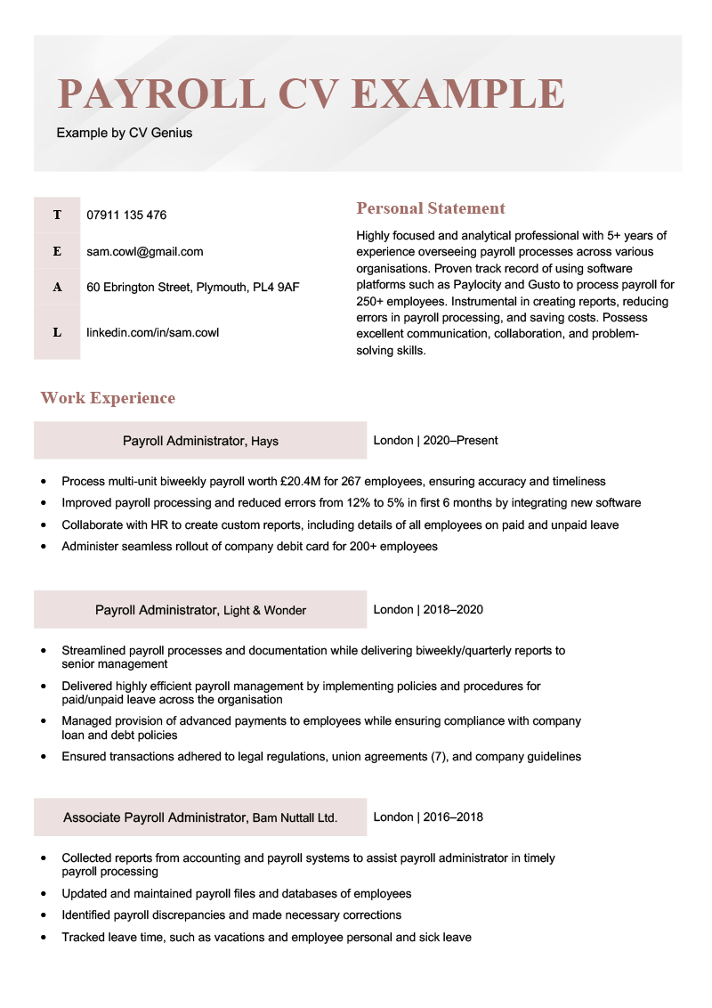 A payroll CV example with red highlights.