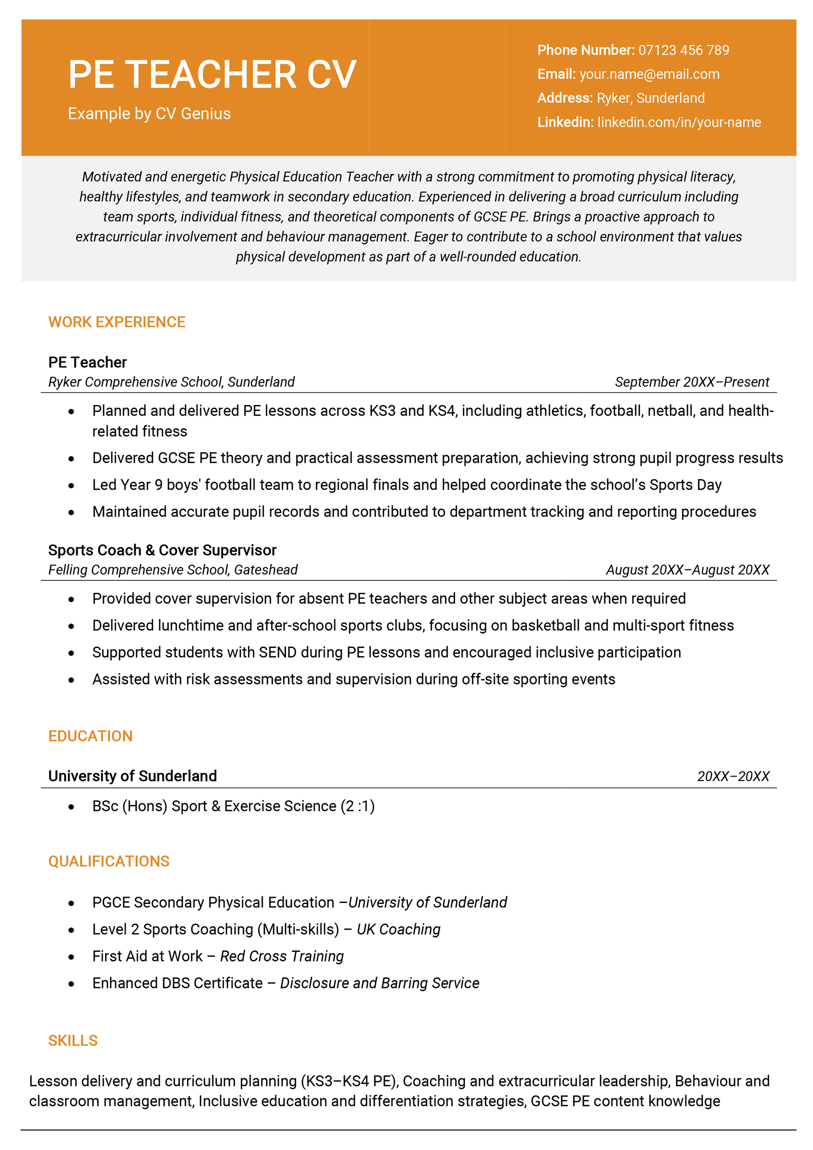 A PE teacher CV example.