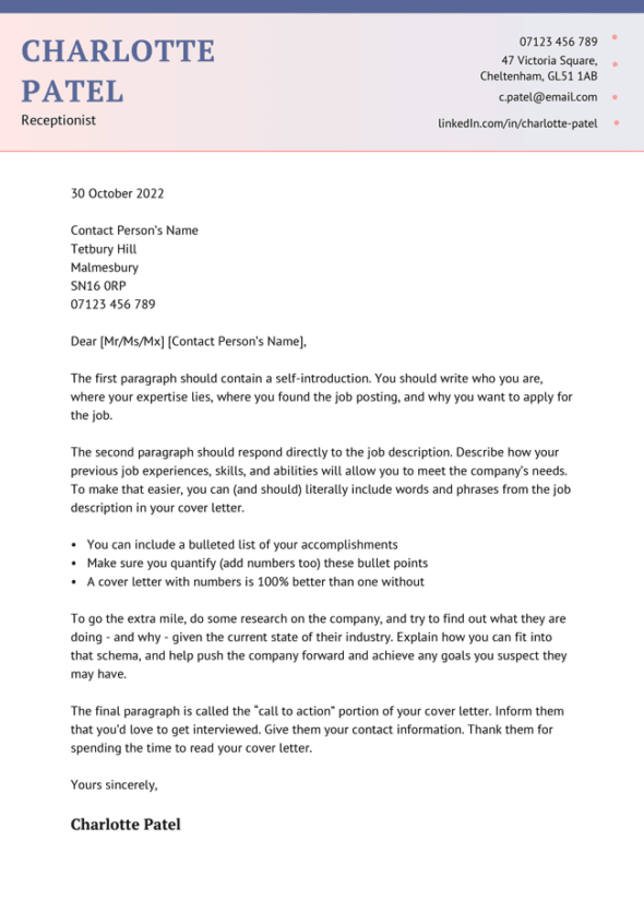 The Pennines cover letter template in pink.