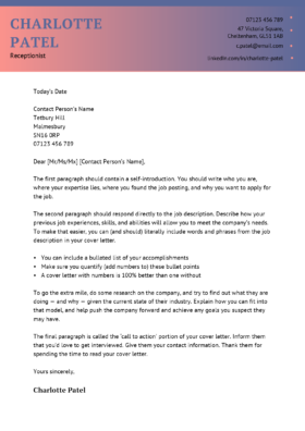 The Pennines photo cover letter template with a pink gradient header.