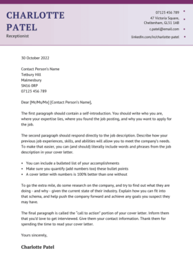 Cover Letter Template for UK: Pennines, Purple