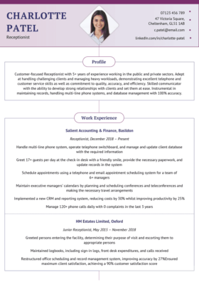 Purple version of the Pennines CV template