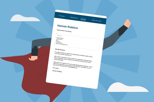 A perfect cover letter flies through the air with a superman cape and its arms outstretched.