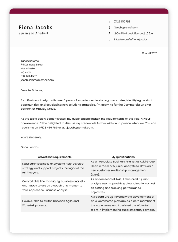 A cover letter with a red and grey header as well as some paragraphs and a table outlining the applicant's qualifications.