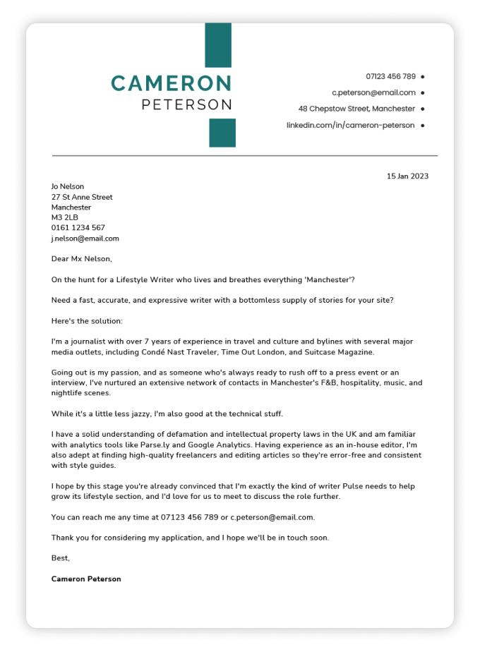 An example of a perfect cover letter for a creative role in which the applicant uses an engaging, original writing style to emphasise their suitability for the job.