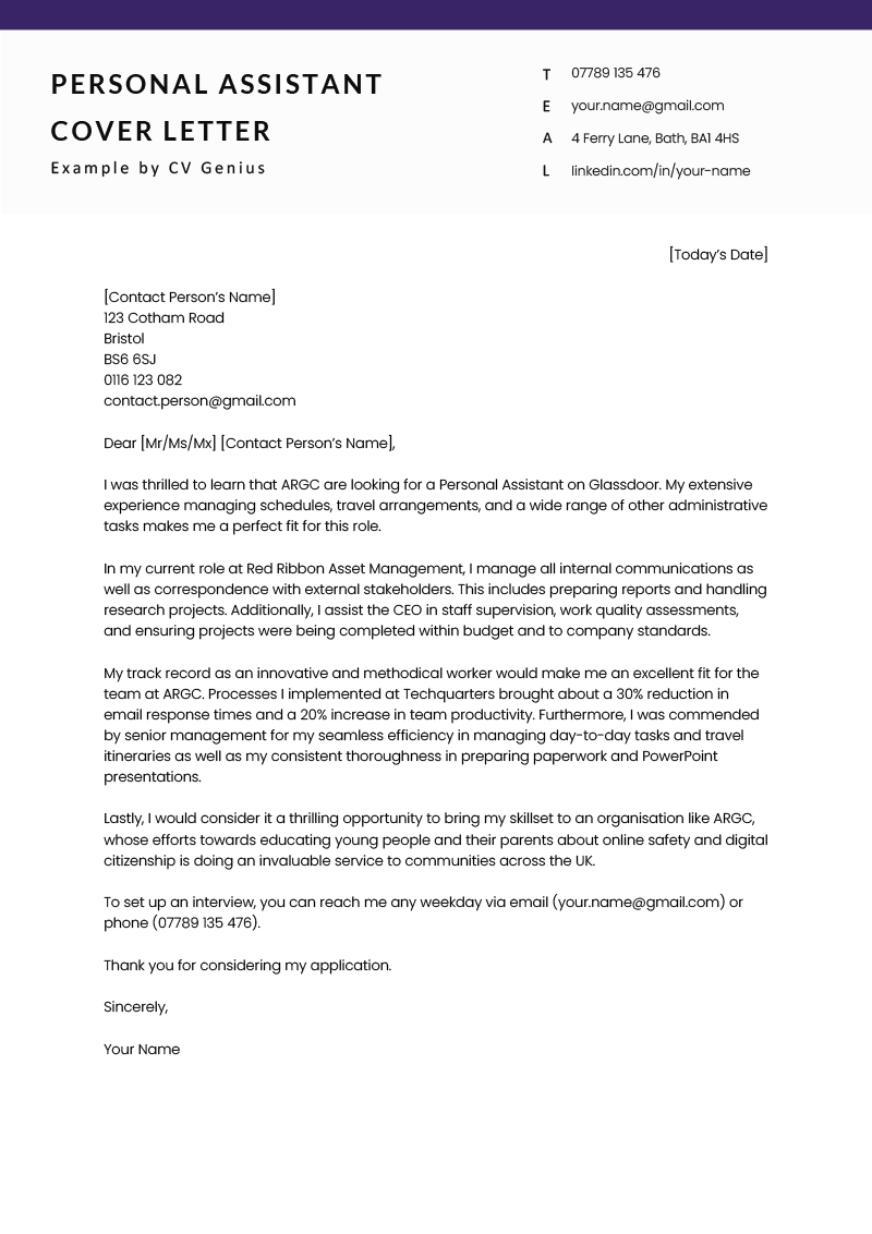 A personal assistant cover letter sample with a purple colour run in the header and several paragraphs explaining why the applicant is a great fit for the PA job they are applying for.