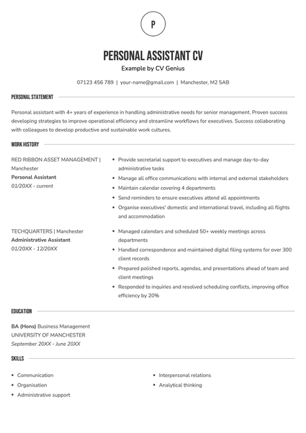 An example personal assistant CV using the Chichester CV template