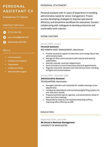 An example personal assistant CV using the Inverness CV template
