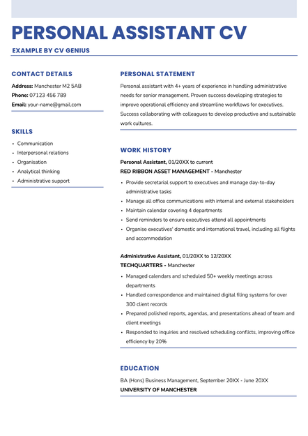 An example personal assistant CV using the Manchester CV template