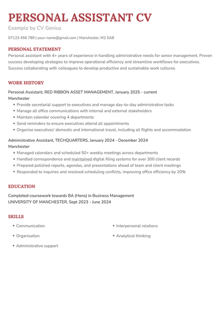 An example personal assistant CV using the Norwich CV template