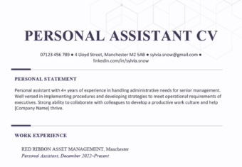 A personal assistant CV example on a template with purple headings to accentuate the applicant's contact details