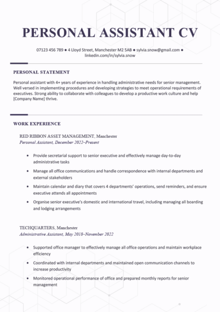A personal assistant CV example on a template with purple headings to accentuate the applicant's contact details