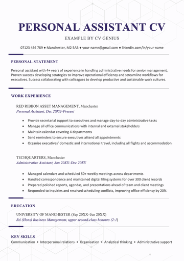 A personal assistant CV example on a template with purple headings to accentuate the applicant's contact details
