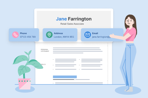 A CV with its header enlarged to show personal details on a CV. A person is standing next to the CV, adding their personal details.