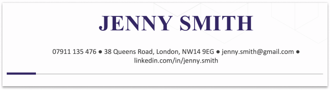 Personal details on a CV header with blue text on a light background with a subtle geometric design.